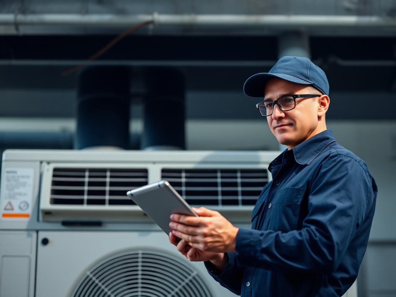 HVAC technician using a tablet on site